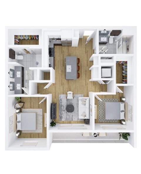 A top-down view of a modern apartment with a kitchen, living room, and bathroom.